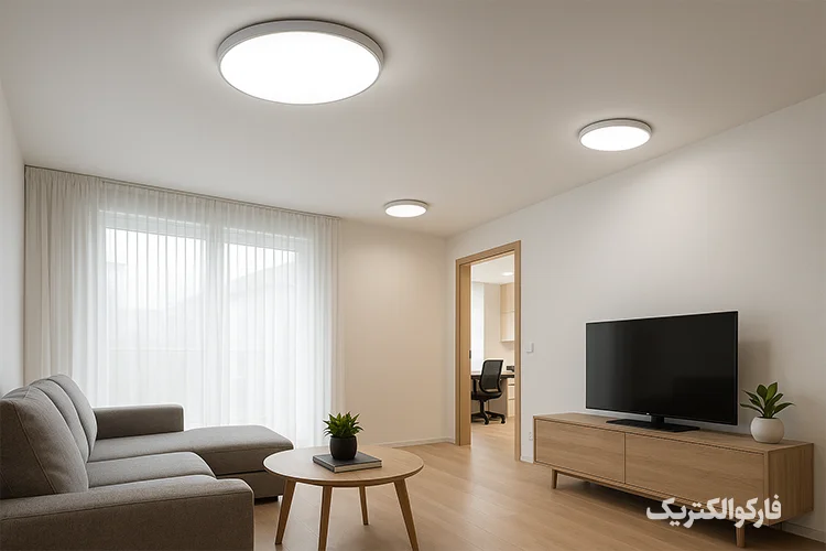 چراغ‌های سقفی LED نصب‌شده در یک اتاق نشیمن یا دفتر کار مدرن با نور یکنواخت و طراحی مینیمال