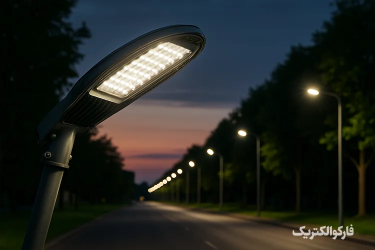 چراغ خیابانی LED روشن در یک خیابان شهری با نور سفید یکنواخت و پسزمینه درختان و آسمان غروب
