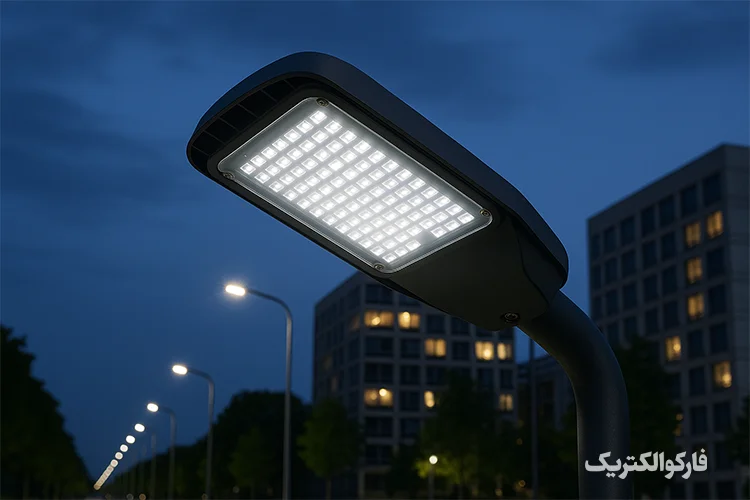نمای نزدیک چراغ خیابانی LED روشن در خیابان، با ساختمان‌های مدرن و نوردهی یکنواخت در شب