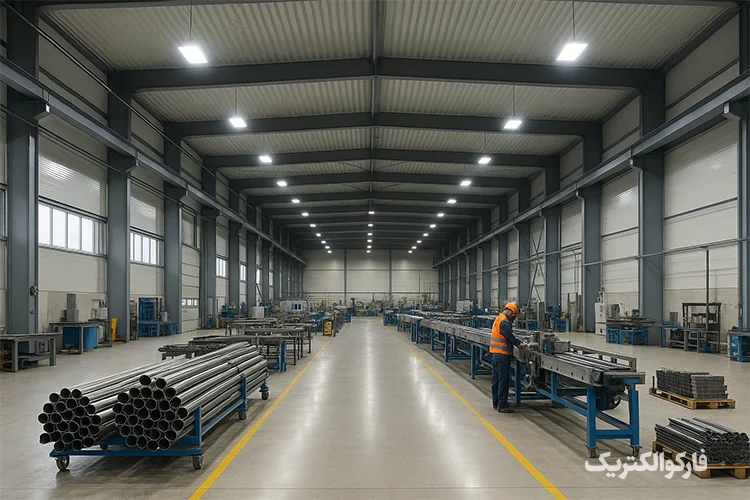 تصویر کارگاه صنعتی مدرن با چراغ‌های LED سقفی افراتاب با نور سفید و ایمنی بالا
