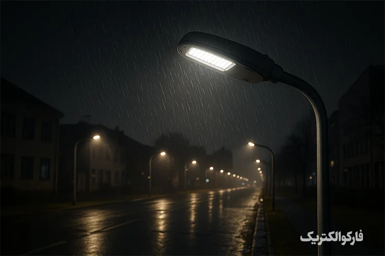 تصویر چراغ خیابانی LED افراتاب با استاندارد IP بالا در محیط شهری بارانی