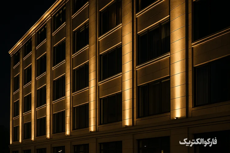 نورپردازی نمای ساختمان با وال واشر LED افراتاب با نور سفید و یکنواخت روی سطح دیوار در شب