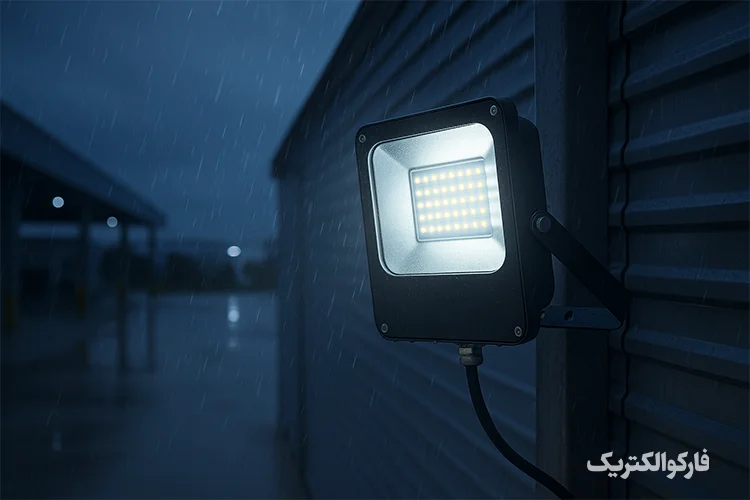 پروژکتور LED ضدآب افراتاب نصبشده در محوطه کارخانه با نور سفید و مقاوم در برابر باران