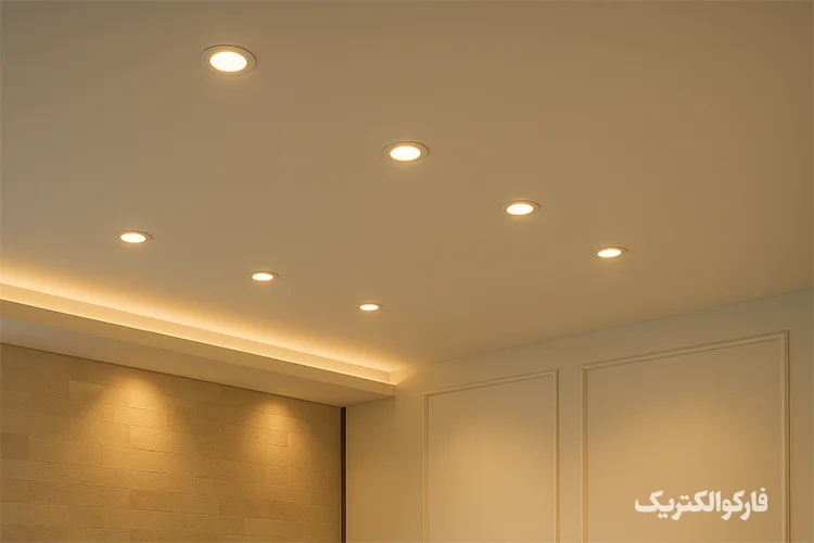 چراغ‌های سقفی کوچک و توکار LED افراتاب نصب‌شده در سقف سفید با نور گرم و یکنواخت