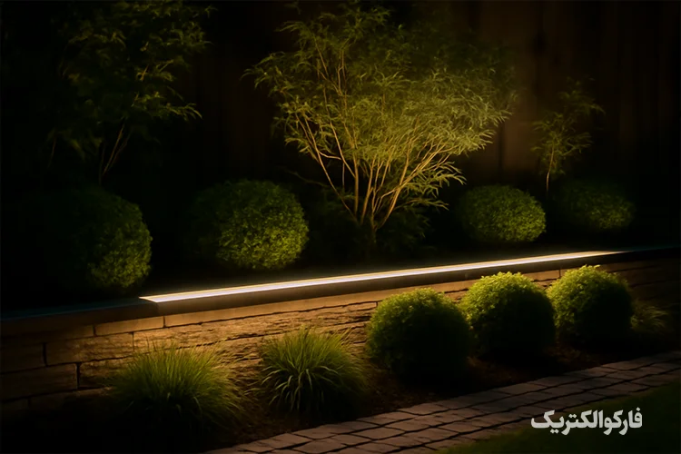 نورپردازی باغچه با وال‌واشر LED خطی در شب