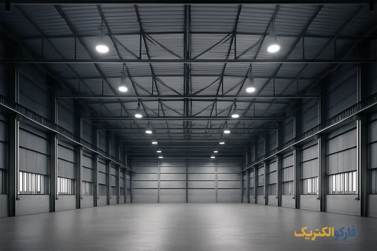 چراغهای صنعتی پرقدرت LED نصبشده در یک سوله بزرگ