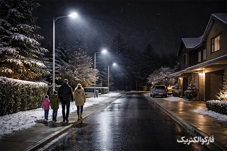 خیابان مسکونی روشن شده با چراغ‌های خیابانی ال ای دی در شب